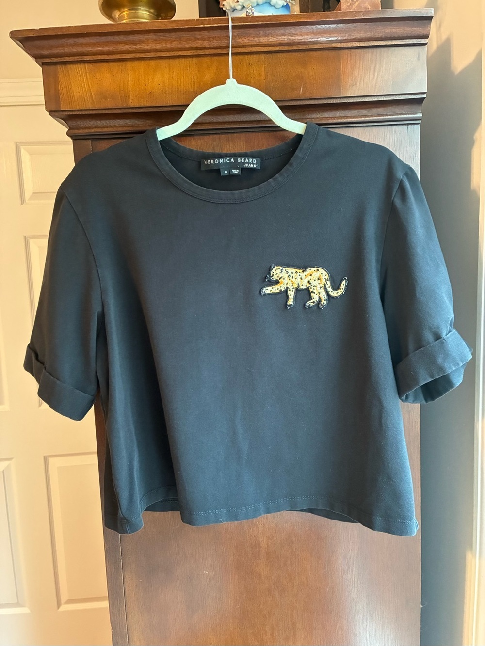Veronica Beard Jeans Black Leopard Appliqué Tee | Size Medium - Picture 2 of 6